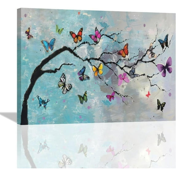 Butterfly Wall Art Abstract Graffiti Butterflies Tree Pictures Wall Decor Large Master Over Above Bed Canvas Prints Horizontal Framed Artwork Paintings Home Office Decorations For Living Room 16"x12"