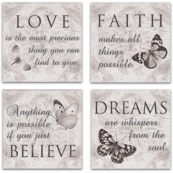 Butterfly Wall Art Grey Love Dream Faith Believe Quotes Pictures Bathroom Bedroom Living room Wall Decor Canvas Posters Prints (12*12inch*4)