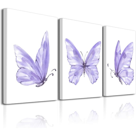 Butterfly Wall Art Prints Decor - Set of 3 purple room decor Poster with Framed Colorful Butterfly Wall Art Canvas Poster for Girls Bedroom Nursery Home Decor Gift (Purple)