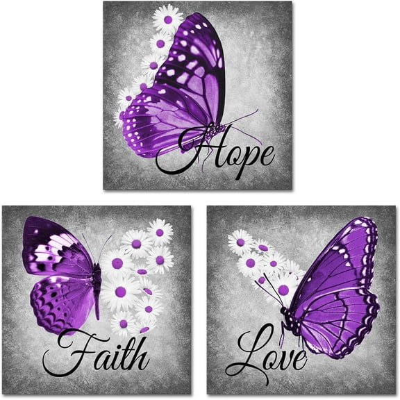 Butterfly Wall Art Purple Butterfly with Daisy Inspirational Quotes Love Hope Faith Pictures Framed Modern Butterfly Canvas Art Decor Hanging for Girls Living Room Bedroom Office Home
