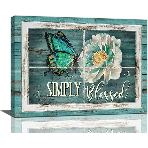 Butterfly Wall Art Teal Butterfly Floral Wall Decor Farmhouse Window Butterfly Pictures Canvas Prints Artwork Painting Modern Home Decorations For Bathroom Girls Bedroom Living Room Framed 16"x12"