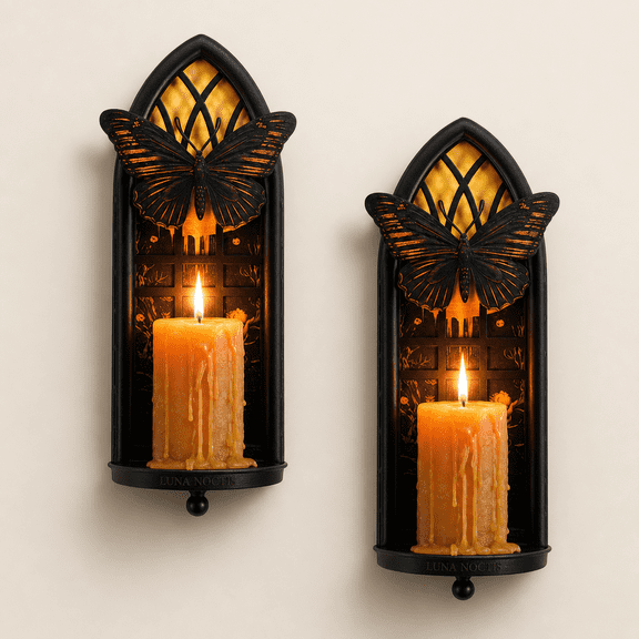 Butterfly Wall Candle Sconces Set of 2, Gothic Moth Cathedral Window Decor