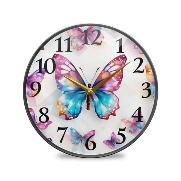 Butterfly Wall Clocks Battery Operated 9.5 Inch Round Clock Acrylic Silent Non-Ticking Bedroom Living Room Decorative Clocks
