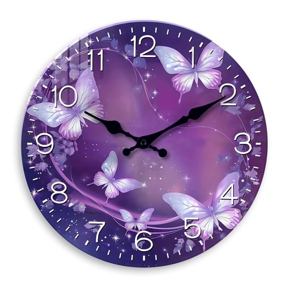 Purple Wall Clock for Girls Bedroom Analog Butterfly Wall Clocks Battery Operated 16 Inch Round Glass Wall Clock Silent
