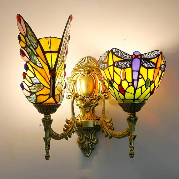 Butterfly Wall Sconces Artistic Style Kid's Wall Lamp Vintage Stained Glass Wall Light Fixtures for Bedroom Living Room Bathroom Hallway Children's Room,4,C
