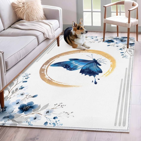 Butterfly Washable Area Rugs 3'x5', Watercolor Blue Grey Butterfly Floral Leaf Low Pile Throw Living Room Rug Non-Slip Sturdy Edge Binding Carpet for Indoor Entryway Bedside Kitchen