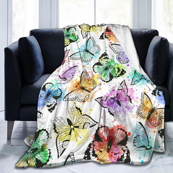 Butterfly Watercolor Colorful Pretty Blanket, Soft Blankets Flannel Bed Throw Cozy Lightweight Plush Gifts for Women Girls Sofa Couch Bedroom Living Rooms Warm All Season, Home Decor, 60"x50"