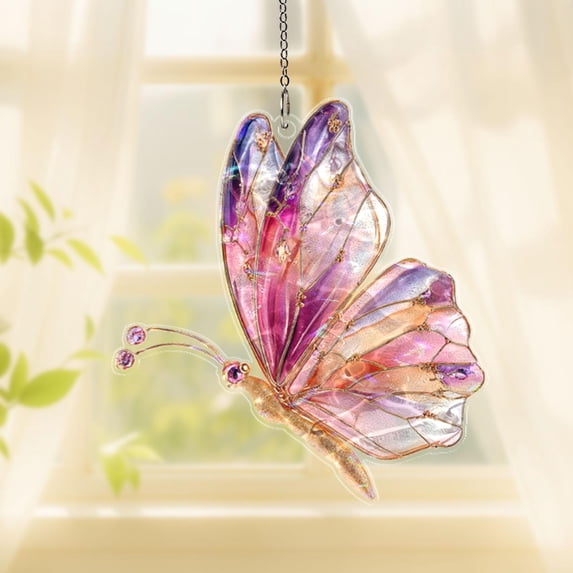 Butterfly Wavy Acrylic Suncatcher, Purple Pink Stained Glass Style Window Hanging Decoration, Colorful Sun Catcher Gift for Garden & Home Dercor
