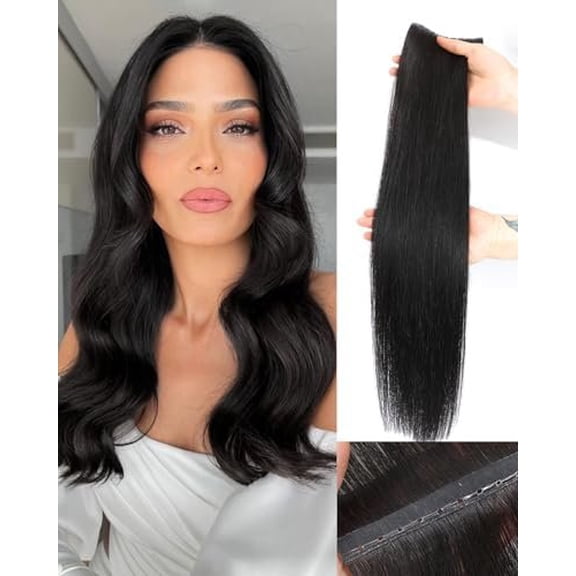 Butterfly Weft Hair Extensions Human Hair Seamless Double Weft Layered Extensions for Volume & Length Lightweight, -Looking, Soft, Dyeable & Heat-Friendly(1B,Soft Black,16Inch)