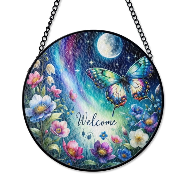 Butterfly Welcome Nature Insect Suncatcher, Stained Glass Style UV Printed Glass, Spring Garden Winged Decor, Round