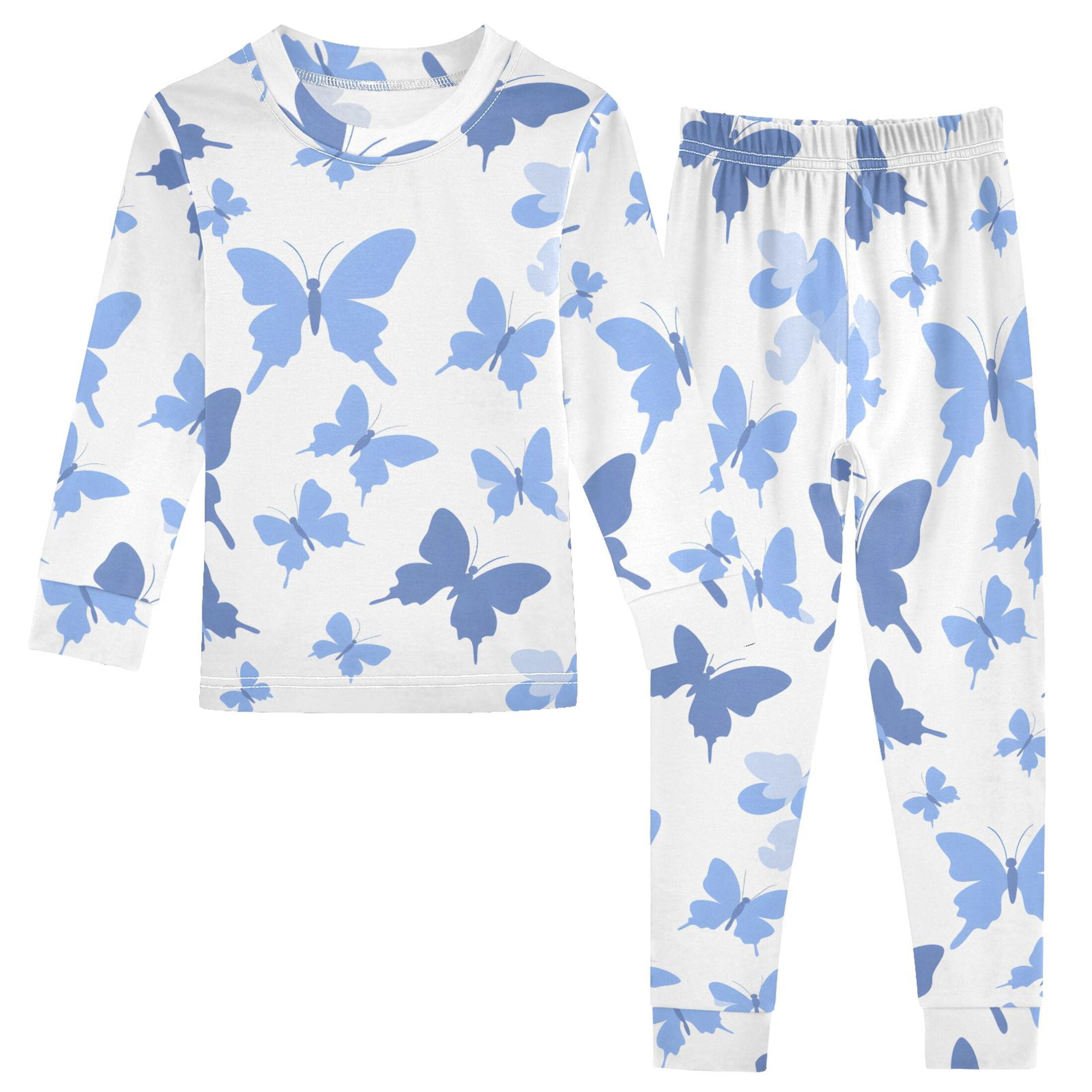 Butterfly White Blue Pattern Cotton Pajamas 2 Piece Set Sleepwear Soft ...