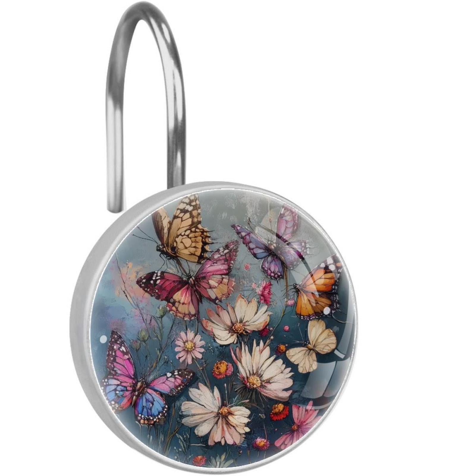 Butterfly White Daisy Wildflower Shower Curtain Hooks Round Crystal Glass, Set of 12 Shower Curtain Rings - Shower Hooks for Curtain Shower Rings