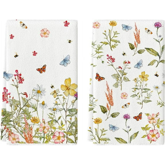 Butterfly Wild Flowers Spring Kitchen Towels Dish Towels, 18x26 Inch Daily Seasonal Summer Decoration Hand Towels Set of 2