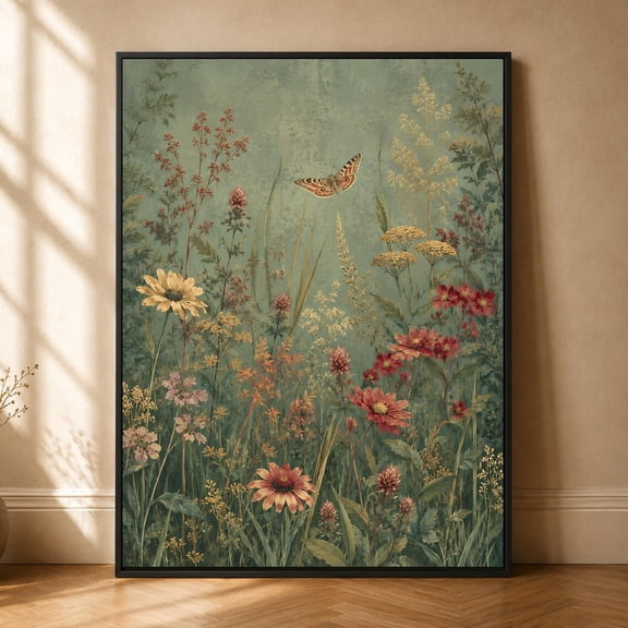 Butterfly Wildflower Meadow Sage Green Botanical Daisy Field Wall Art Poster