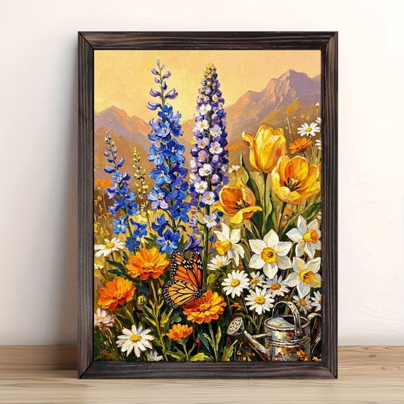 Butterfly Wildflower Mountain Garden Framed Wall Art, Solid Wood Frame Sunset Meadow Oil Painting Print, Rustic Floral Landscape Wall Decor for Living Room Home, 12x16in