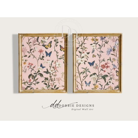 Butterfly Wildflower Pink Botanical Vintage- Inspired Floral Decor Cottagecore Nursery 251011- 1 Set 2