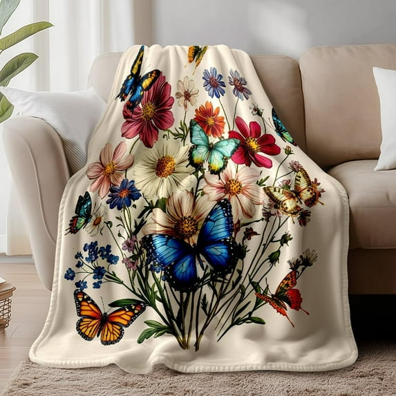 Butterfly Wildflowers Print Blanket 59"x51" Vintage Floral Throw Blankets Gifts for Women Men Soft Flannel Plush Blankets Full Season Cozy Fuzzy Blanket for Bedroom Living Room Sofa Couch PeachPuff