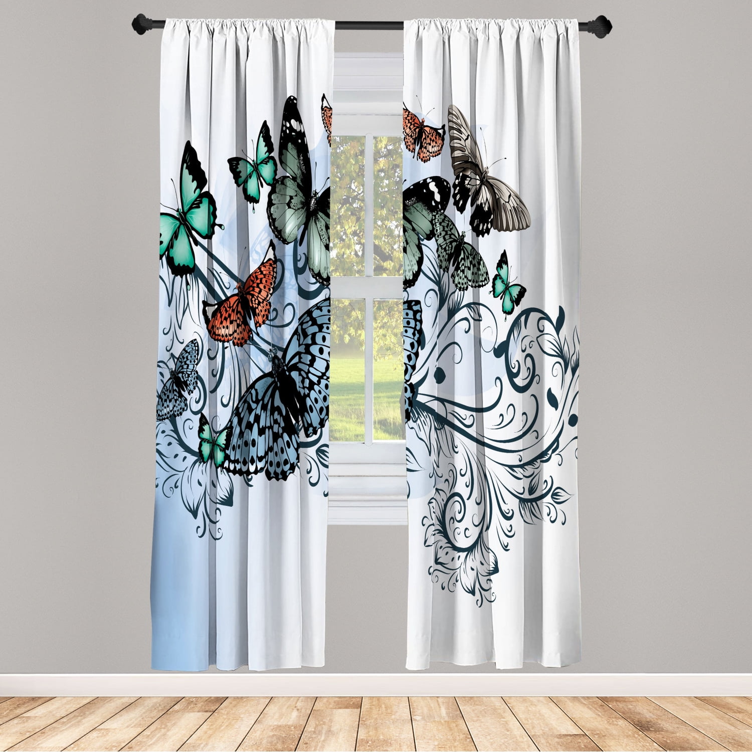 Ambesonne Butterfly Curtains, Vintage Monarch Damask, Pair of 28