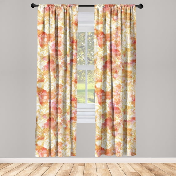 Butterfly Window Curtains, Music Love Print of Vintage Weathered Watercolor Silhouettes Leaves, Lightweight Decor 2-Panel Set with Rod Pocket, Pair of - 28"x84", Apple Green Dark Coral, by Ambesonne