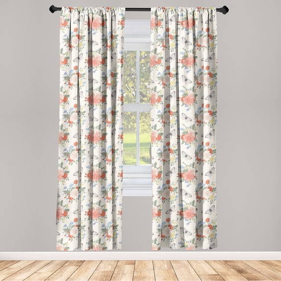 Butterfly Window Curtains, Romantic Theme Digital Drawn Flower Sketch With Leaves on Plain Back, Lightweight Decor 2-Panel Set with Rod Pocket, Pair of - 28"x84", Ivory Pale Pink Yellow, by Ambesonne