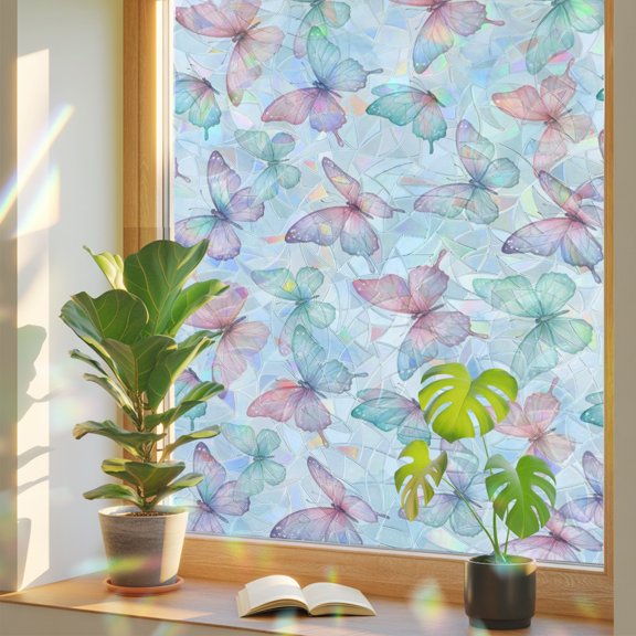 Butterfly Window Privacy Film, Rustic Minimalist Watercolor Pink Teal Gradient Wing Static Cling Stained Glass Window Sticker Decorative Removable Rainbow Film for Glass 17.7”x39.3”