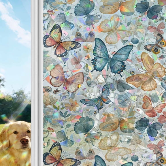 Butterfly Window Privacy Film Stain Glass,Reusable Decorative Rainbow Window Film,Retro Spring Leaves Country Aesthetic Flower Static Cling Sun Blocking Stickers Decals Covers 17.7" x 39.3" (2pcs)