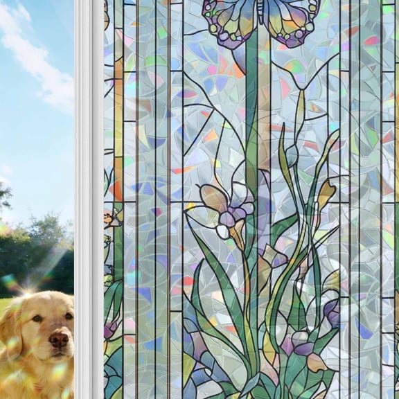 Butterfly Window Privacy Film Stain Glass,Reusable Decorative Rainbow Window Film,Summer Spring Botanical Farmhouse Non-Adhesive Static Cling Sun Blocking Stickers Decals Covers 17.7" x 39.3" (2pcs)