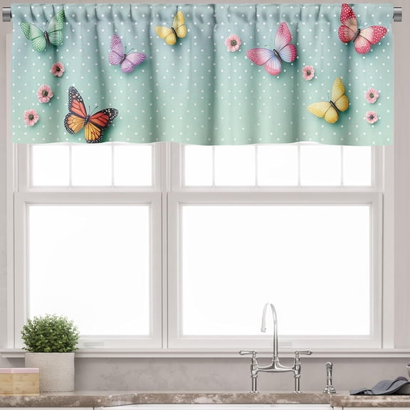 Butterfly Window Valance, Polka Dot Backdrop with Wings of Spring and Blushy Sakura Flowers, Curtain Valance for Kitchen Bedroom Decor with Rod Pocket, 54" X 18", Mint Green and Multicolor
