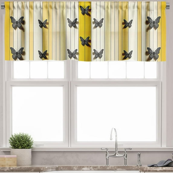 Butterfly Window Valance, Summer Lines Wingy Animals with Faded Effect Print Country Vibe, Curtain Valance for Kitchen Bedroom Decor with Rod Pocket, 54" X 18", Yellow Reseda Green Beige