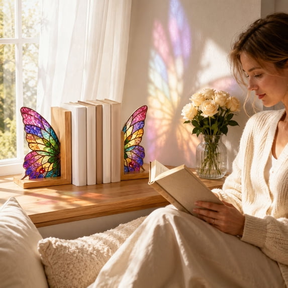 Butterfly Wing Bookend, Decorative Acrylic Book Ends, Sturdy Wooden Base Book Holder For Shelf Desktop Reading Home Office Decor(Red-7.87")