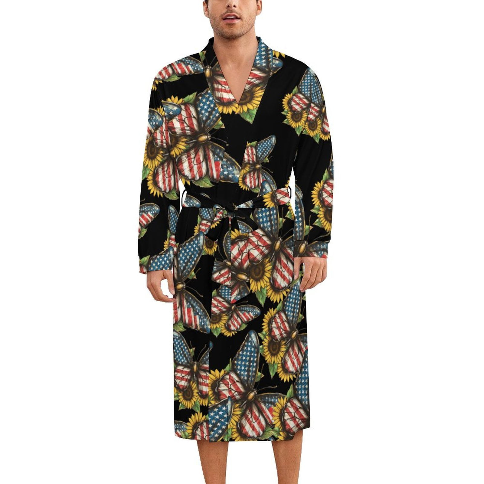 Butterfly With American Flag Pattern Sunflower Men's Kimono Robe Milk ...