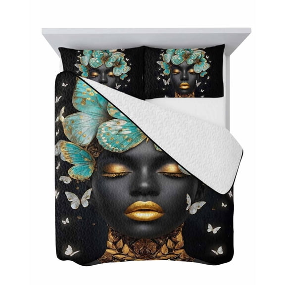 Butterfly Woman 3 Piece Quilt Set Queen Size, Fantasy People Gold Lips Teal Golden Butterflies Black Soft Bedspread Coverlet Bedding Set Microfiber Comforter Set with 2 Pillowcases for Bedroom