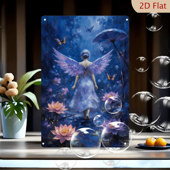 Butterfly Woman in Moonlit Lotus Pond, Dreamy Fantasy Night Scene with Glowing Wings and Magic Umbrella, 8x12 Inch Metal Wall Art Print for Bedroom Living Room Decor