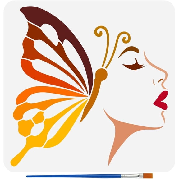 Butterfly Woman Stencils with a Brush 11.8x11.8Inch Lady Face Silhouette Painting Stencils Reusable PET Butterfly Pattern Decoration Template for DIY handcrafting