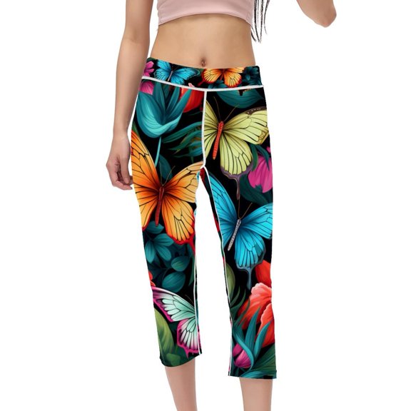 Butterfly Women High Waist Capris Compression Leggings, Non-See-Through Printed Gym Pants, Yoga Pants for Running Fitness Yoga