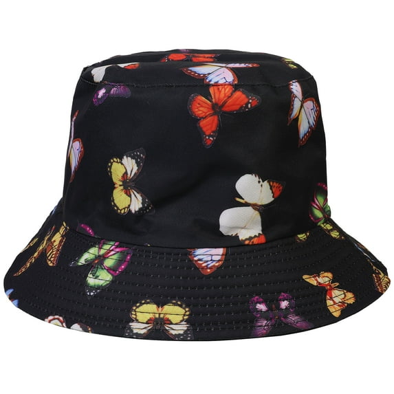 Butterfly Women Reversible Bucket Hat Summer Travel Lightweight Foldable Beach Outdoor Hat - Black