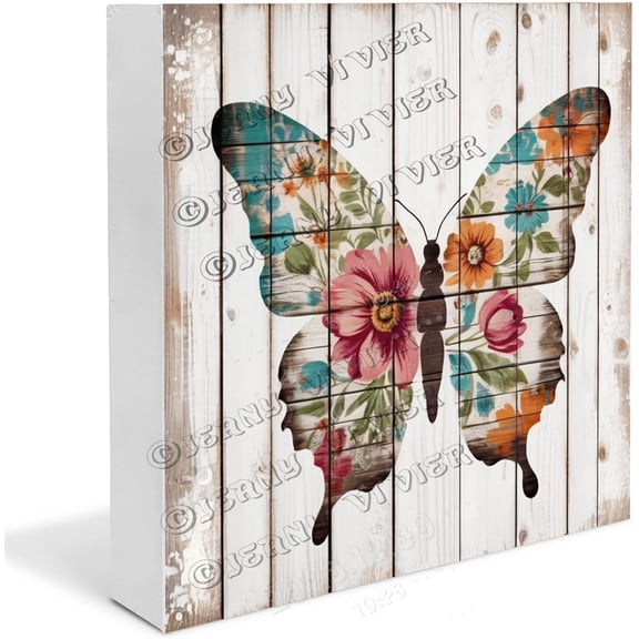 Butterfly Wooden Box Sign Butterfly Gifts Funny Spring/Summer Butterfly Sign Chic Farmhouse Decor Table Centerpiece Wood Block Signs For Shelf Desk Decoration 5x5 In