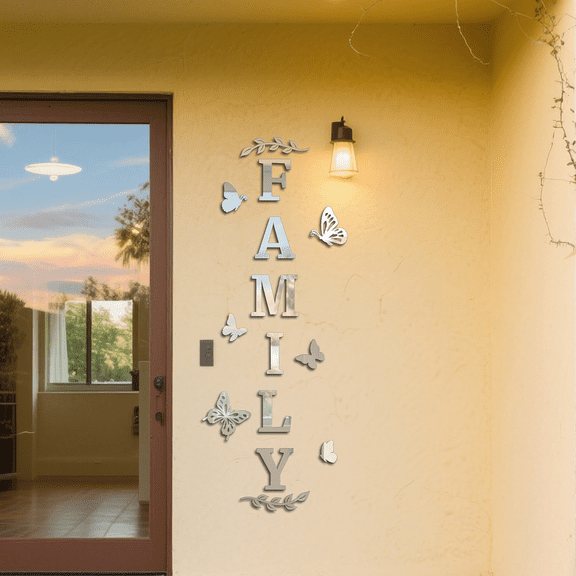 Butterfly Word Family Pattern Acrylic Self-adhesive Mirror Wall Sticker Wall Decorations Silver 1550x600x2.8~3mm