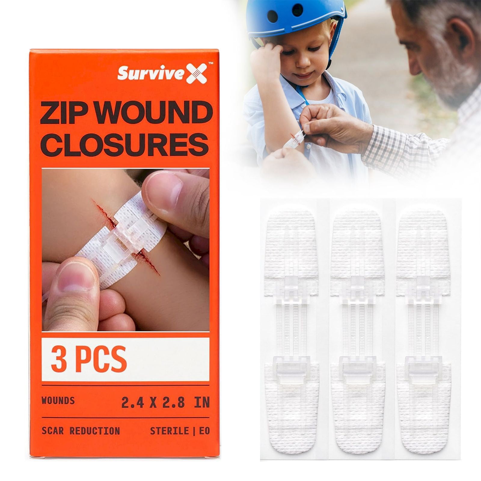 Emergency Wound Closure Strips - Zipper-Type Laceration Kit, Suture-Free, With Gauze & Cleansing Pads