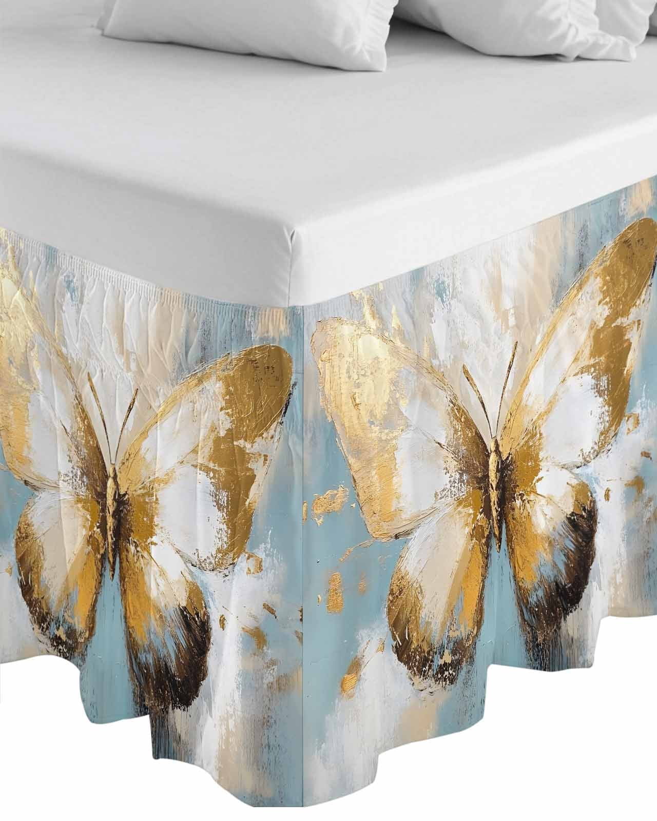 Butterfly Wrap Around Bed Skirts for King Bed 16" Drop, Bed Skirt with Adjustable Elastic Belt Dust Ruffle Bed Valance for Bedroom Hotel Luxury Modern Abstract Teal Brown Oil Painting Bed Frame Cover