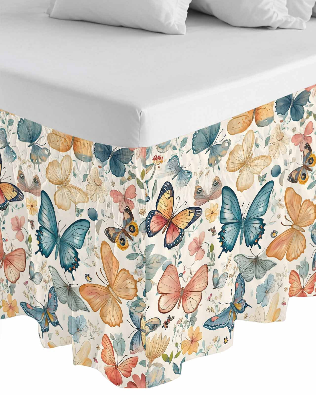 Butterfly Wrap Around Bed Skirts for Queen Bed 16" Drop,Bed Skirt with Adjustable Elastic Belt Dust Ruffle Bed Valance for Bedroom Hotel Retro Spring Leaves Country Aesthetic Flower Bed Frame Cover
