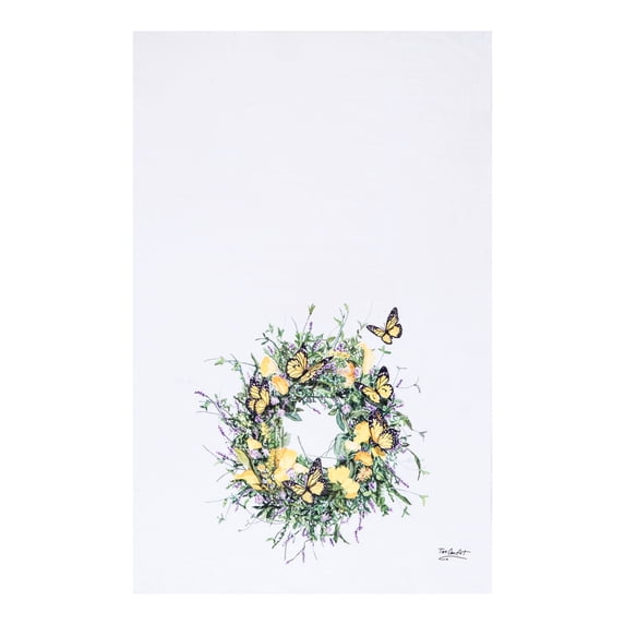 Butterfly Wreath Design Spring Theme Printed Flour Sack Kitchen Dishtowel