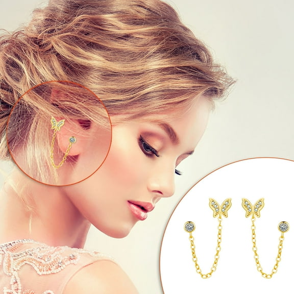 Butterfly Zircon Alloy Double Ear Hole Earrings Prom Wedding Jewelry 1.83inch 1Pair