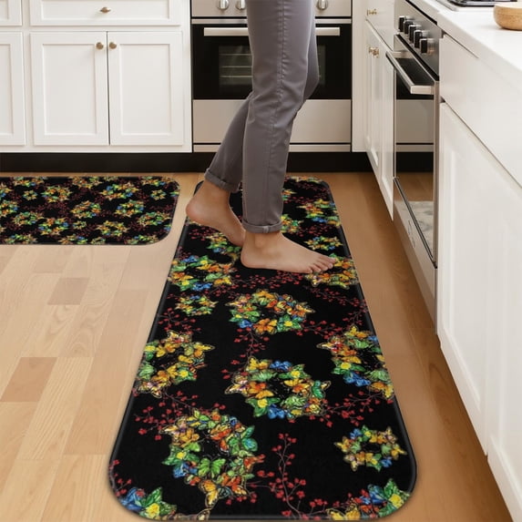 Butterfly and Berry Multicolor Pattern Kitchen Mat Set Of 2,Anti-Fatigue Floor Mats, Non-Slip Standing Mats for Kitchen, 47x17 and 30x17 Inches