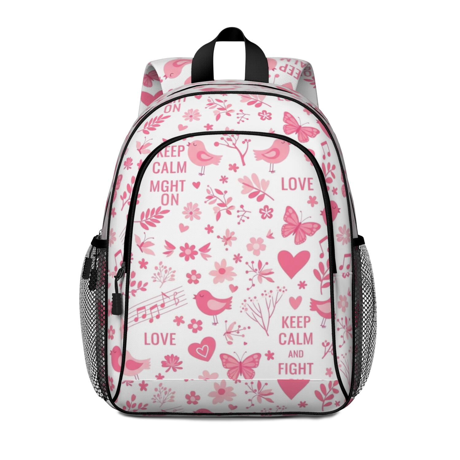 Butterfly and Bird Pink Pattern Backpack for School, Cute School Bag ...