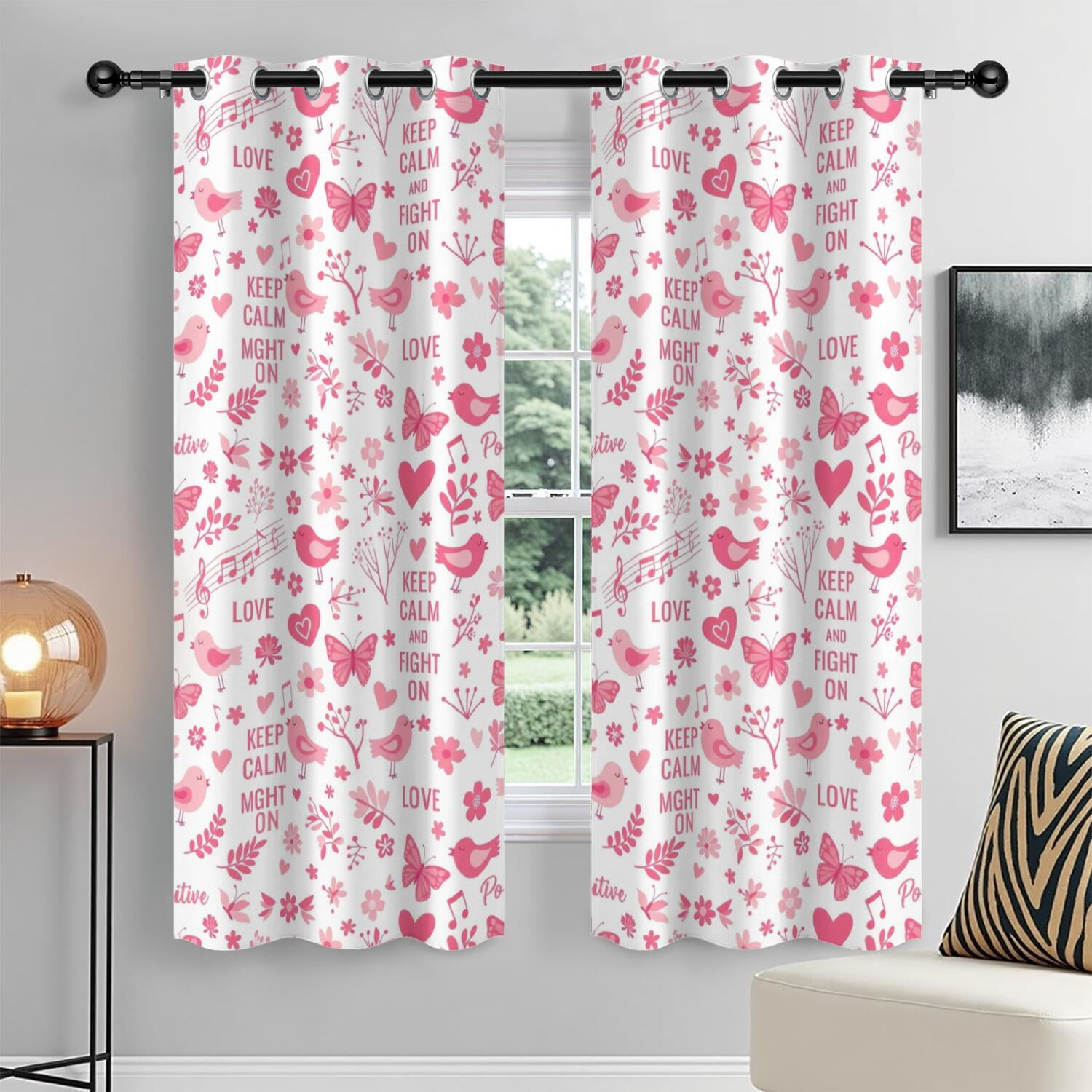 View of Butterfly and Bird Pink Pattern Blackout Curtains,Triple Weaved Fabric ...