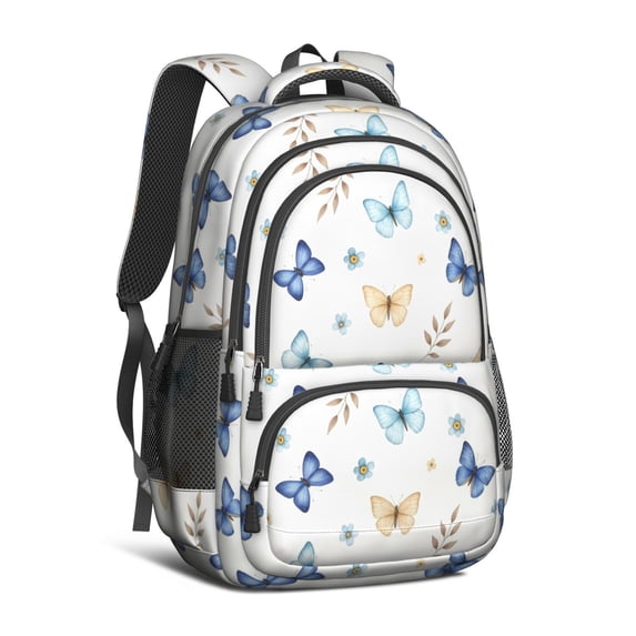 Butterfly and Blue Beige Pattern Backpack for School, Cute School Bag with Adjustable Shoulder Straps and Padded Back, 16.9"x12.6"x5.9"