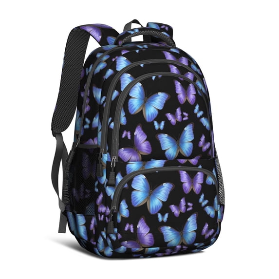 Butterfly and Blue Purple Black Pattern Backpack for School, Cute School Bag with Adjustable Shoulder Straps and Padded Back, 16.9"x12.6"x5.9"