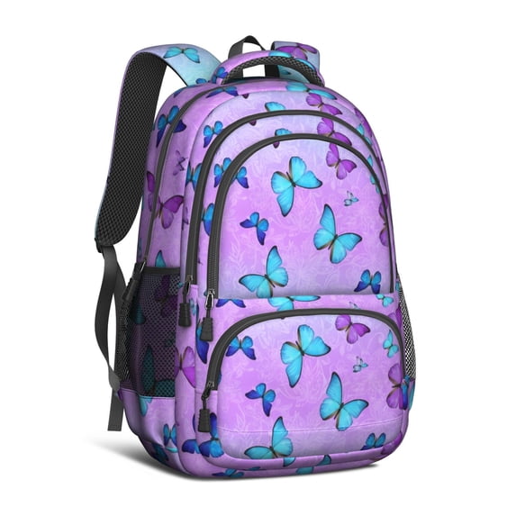 Butterfly and Blue Purple Pattern Backpack for School, Cute School Bag with Adjustable Shoulder Straps and Padded Back, 16.9"x12.6"x5.9"