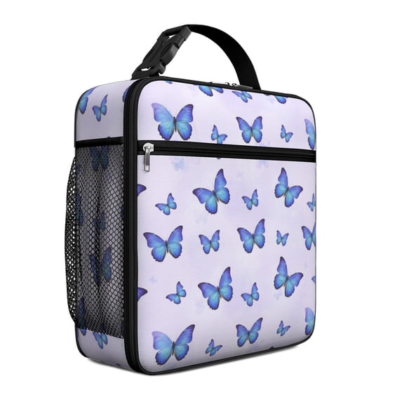 Butterfly and Blue Purple Pattern Insulated Lunch Bag Teens,Lunch Box for Men Women for Work,Picnic or Travel,10.2x9.5x4.3 Inches,8 Can Capacity